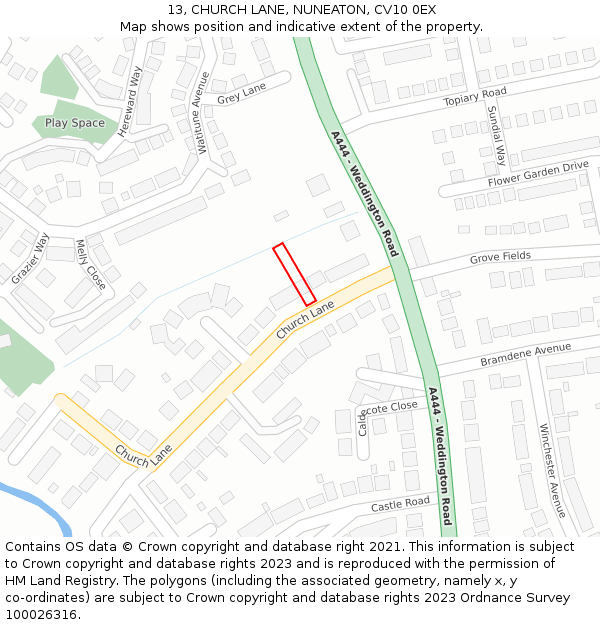 13, CHURCH LANE, NUNEATON, CV10 0EX: Location map and indicative extent of plot