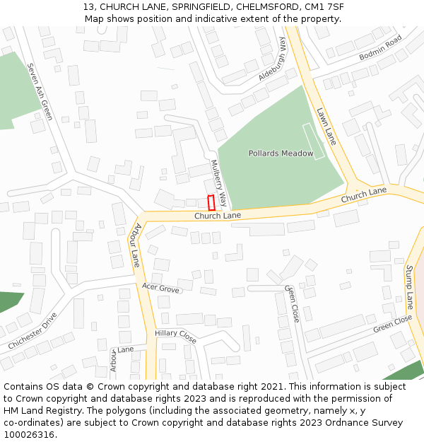 13, CHURCH LANE, SPRINGFIELD, CHELMSFORD, CM1 7SF: Location map and indicative extent of plot