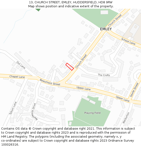 13, CHURCH STREET, EMLEY, HUDDERSFIELD, HD8 9RW: Location map and indicative extent of plot
