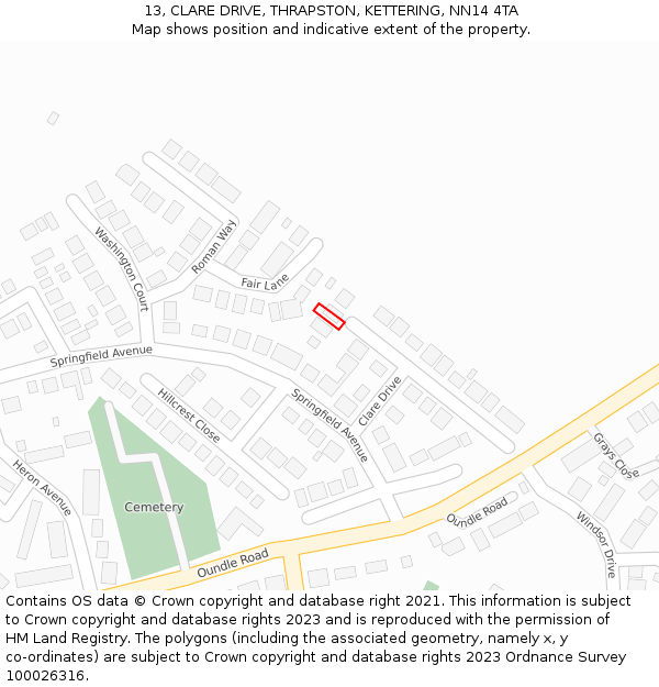 13, CLARE DRIVE, THRAPSTON, KETTERING, NN14 4TA: Location map and indicative extent of plot