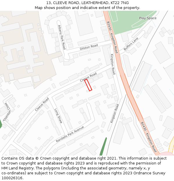 13, CLEEVE ROAD, LEATHERHEAD, KT22 7NG: Location map and indicative extent of plot
