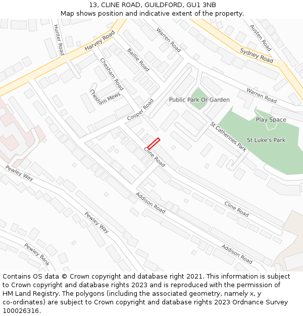 13, CLINE ROAD, GUILDFORD, GU1 3NB: Location map and indicative extent of plot