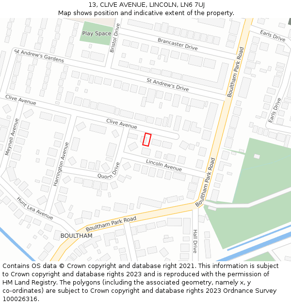 13, CLIVE AVENUE, LINCOLN, LN6 7UJ: Location map and indicative extent of plot