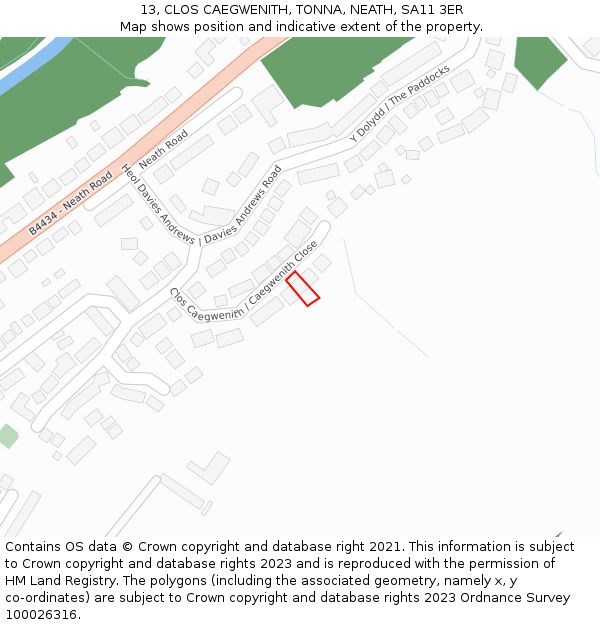 13, CLOS CAEGWENITH, TONNA, NEATH, SA11 3ER: Location map and indicative extent of plot