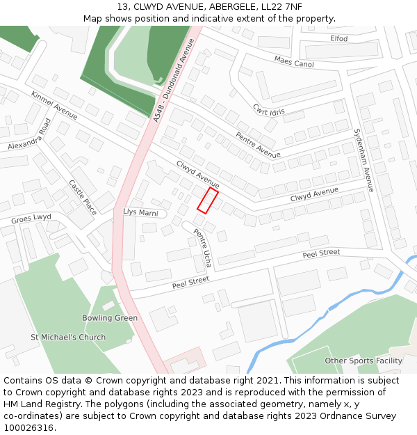 13, CLWYD AVENUE, ABERGELE, LL22 7NF: Location map and indicative extent of plot