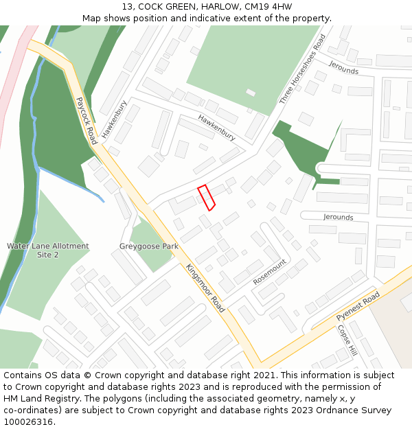 13, COCK GREEN, HARLOW, CM19 4HW: Location map and indicative extent of plot