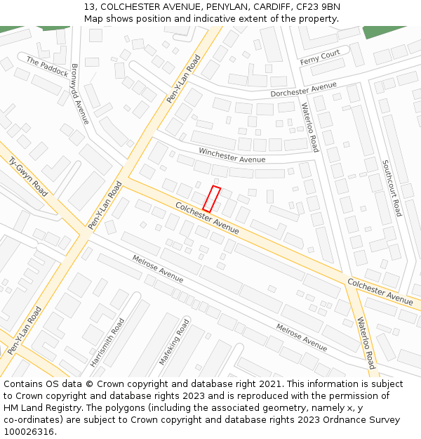 13, COLCHESTER AVENUE, PENYLAN, CARDIFF, CF23 9BN: Location map and indicative extent of plot