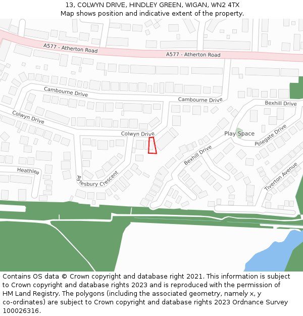 13, COLWYN DRIVE, HINDLEY GREEN, WIGAN, WN2 4TX: Location map and indicative extent of plot