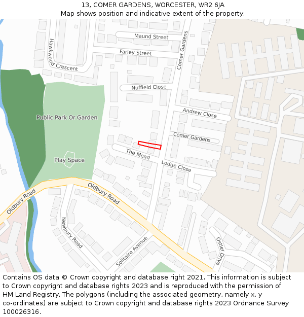 13, COMER GARDENS, WORCESTER, WR2 6JA: Location map and indicative extent of plot