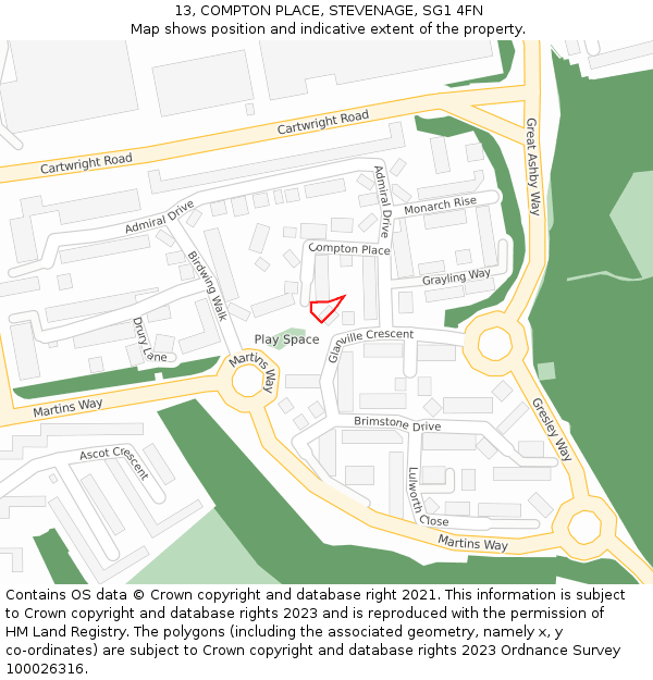 13, COMPTON PLACE, STEVENAGE, SG1 4FN: Location map and indicative extent of plot
