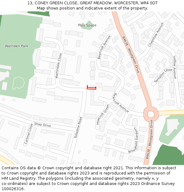 13, CONEY GREEN CLOSE, GREAT MEADOW, WORCESTER, WR4 0DT: Location map and indicative extent of plot