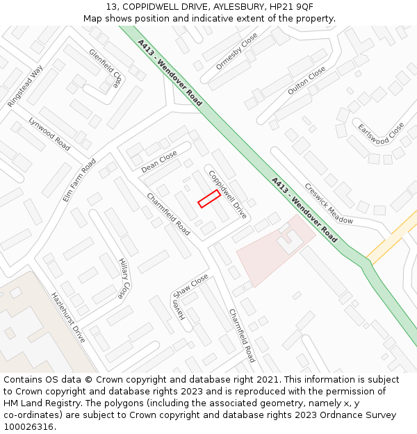 13, COPPIDWELL DRIVE, AYLESBURY, HP21 9QF: Location map and indicative extent of plot