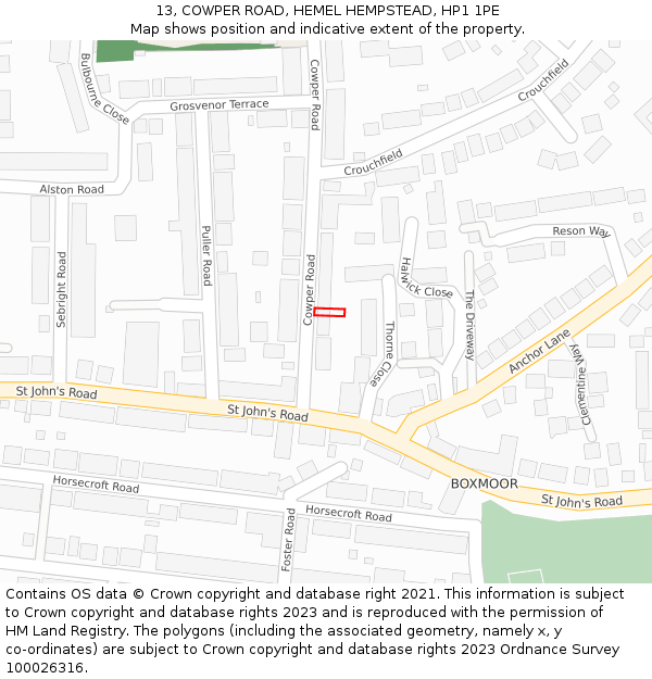 13, COWPER ROAD, HEMEL HEMPSTEAD, HP1 1PE: Location map and indicative extent of plot