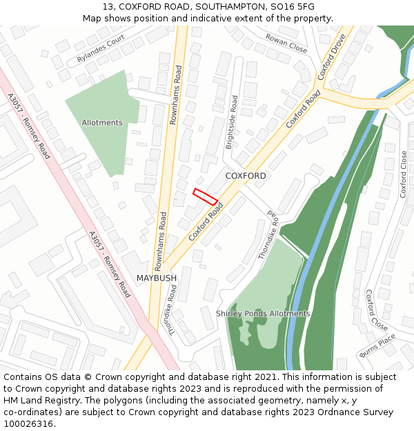 13, COXFORD ROAD, SOUTHAMPTON, SO16 5FG: Location map and indicative extent of plot