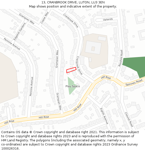 13, CRANBROOK DRIVE, LUTON, LU3 3EN: Location map and indicative extent of plot