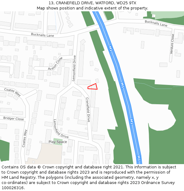 13, CRANEFIELD DRIVE, WATFORD, WD25 9TX: Location map and indicative extent of plot