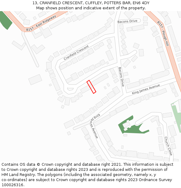 13, CRANFIELD CRESCENT, CUFFLEY, POTTERS BAR, EN6 4DY: Location map and indicative extent of plot