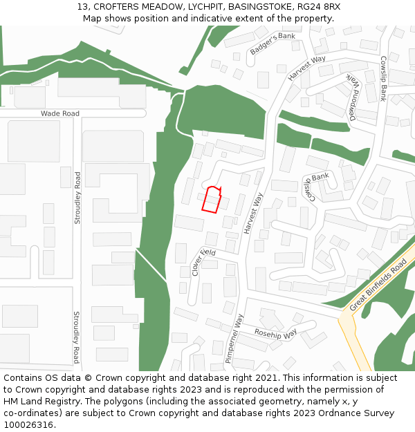 13, CROFTERS MEADOW, LYCHPIT, BASINGSTOKE, RG24 8RX: Location map and indicative extent of plot