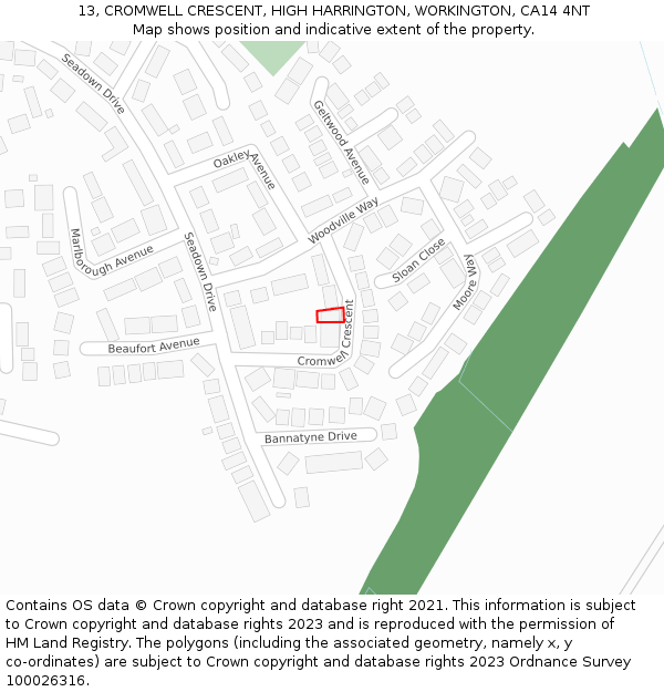 13, CROMWELL CRESCENT, HIGH HARRINGTON, WORKINGTON, CA14 4NT: Location map and indicative extent of plot