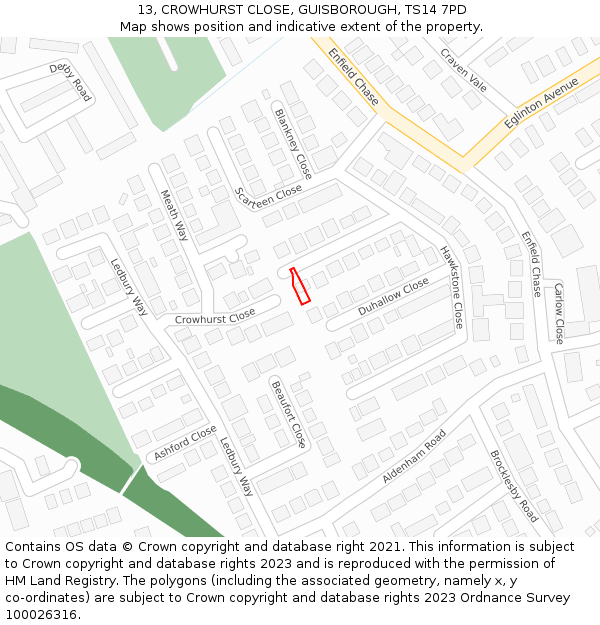 13, CROWHURST CLOSE, GUISBOROUGH, TS14 7PD: Location map and indicative extent of plot