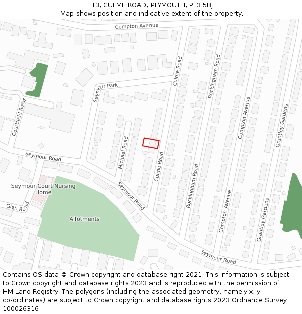 13, CULME ROAD, PLYMOUTH, PL3 5BJ: Location map and indicative extent of plot