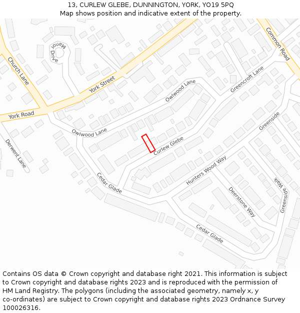 13, CURLEW GLEBE, DUNNINGTON, YORK, YO19 5PQ: Location map and indicative extent of plot