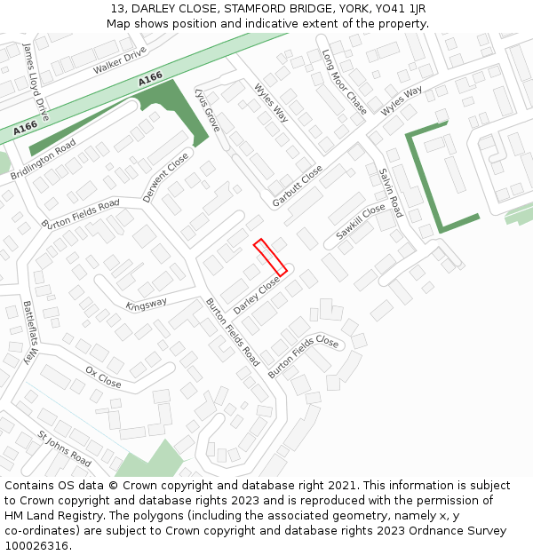 13, DARLEY CLOSE, STAMFORD BRIDGE, YORK, YO41 1JR: Location map and indicative extent of plot