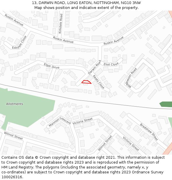 13, DARWIN ROAD, LONG EATON, NOTTINGHAM, NG10 3NW: Location map and indicative extent of plot