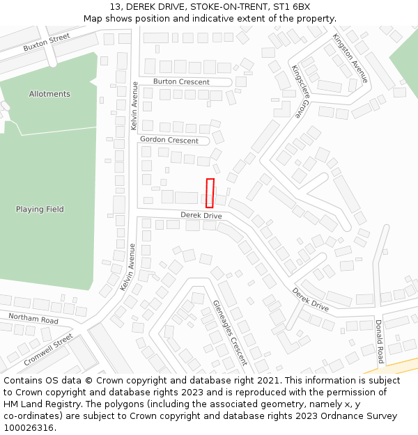 13, DEREK DRIVE, STOKE-ON-TRENT, ST1 6BX: Location map and indicative extent of plot