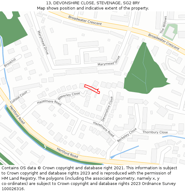 13, DEVONSHIRE CLOSE, STEVENAGE, SG2 8RY: Location map and indicative extent of plot