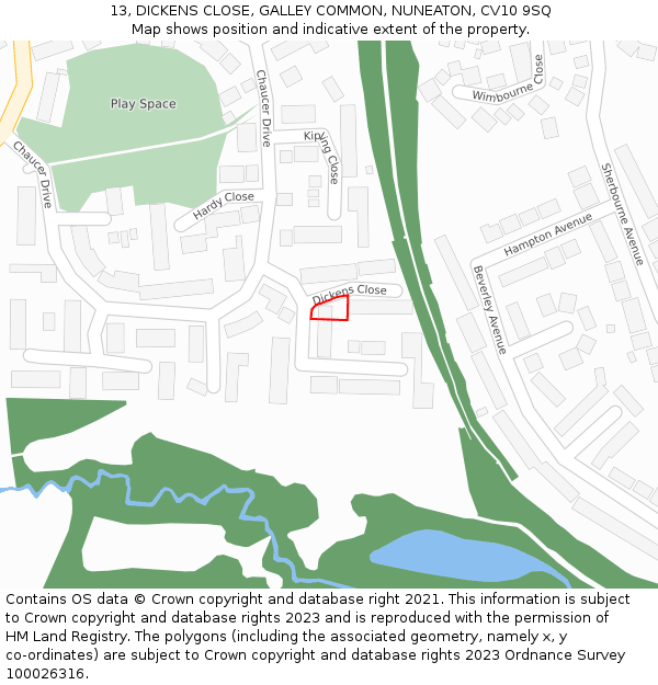 13, DICKENS CLOSE, GALLEY COMMON, NUNEATON, CV10 9SQ: Location map and indicative extent of plot
