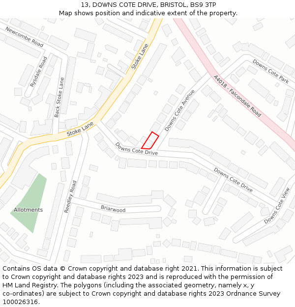 13, DOWNS COTE DRIVE, BRISTOL, BS9 3TP: Location map and indicative extent of plot