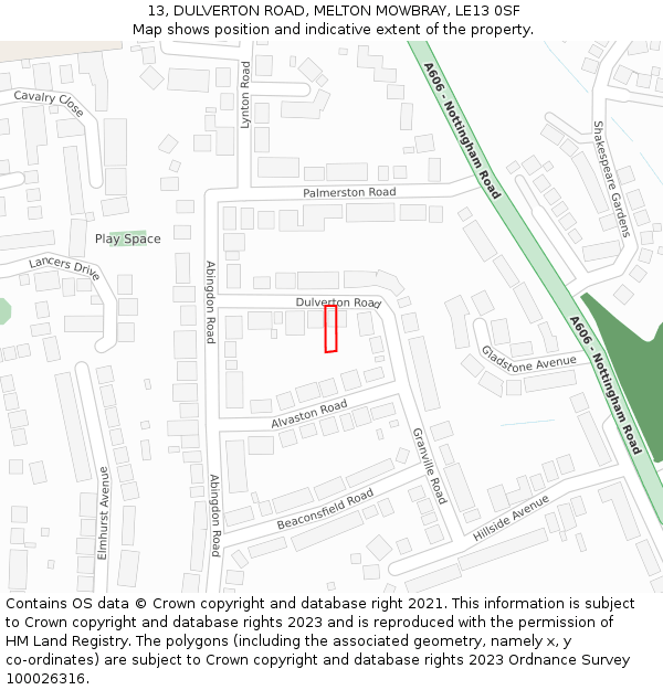 13, DULVERTON ROAD, MELTON MOWBRAY, LE13 0SF: Location map and indicative extent of plot