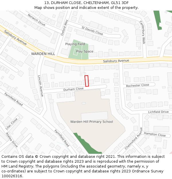 13, DURHAM CLOSE, CHELTENHAM, GL51 3DF: Location map and indicative extent of plot
