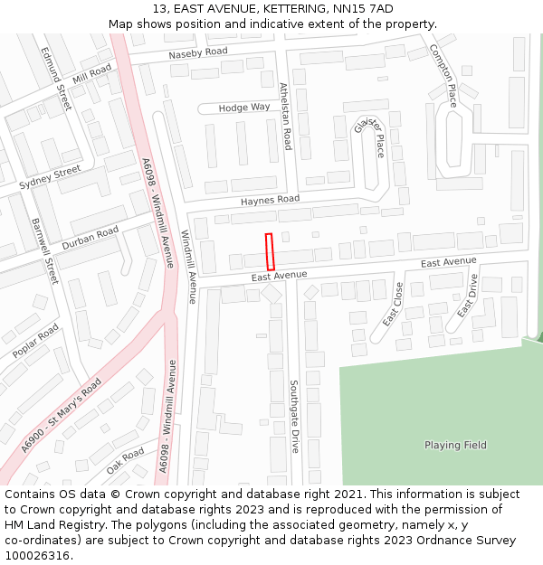 13, EAST AVENUE, KETTERING, NN15 7AD: Location map and indicative extent of plot