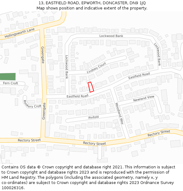 13, EASTFIELD ROAD, EPWORTH, DONCASTER, DN9 1JQ: Location map and indicative extent of plot