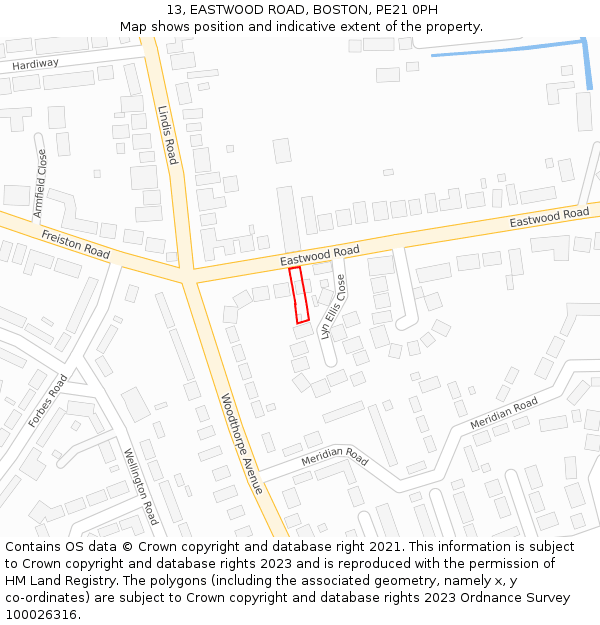 13, EASTWOOD ROAD, BOSTON, PE21 0PH: Location map and indicative extent of plot