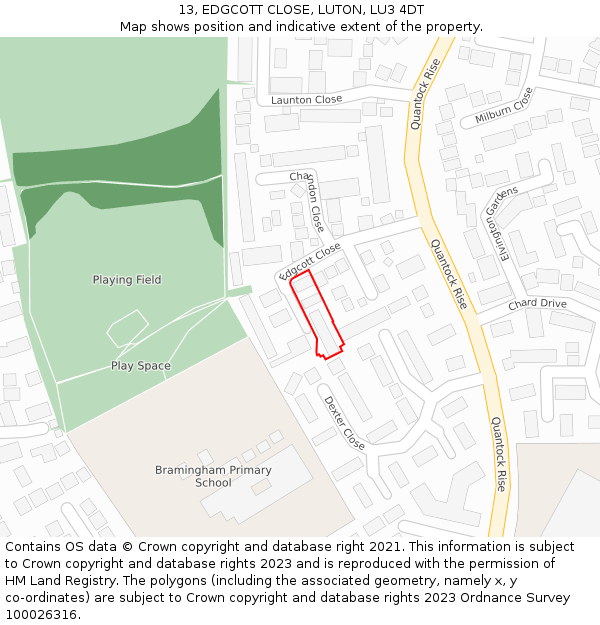 13, EDGCOTT CLOSE, LUTON, LU3 4DT: Location map and indicative extent of plot