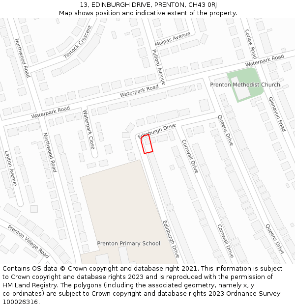13, EDINBURGH DRIVE, PRENTON, CH43 0RJ: Location map and indicative extent of plot