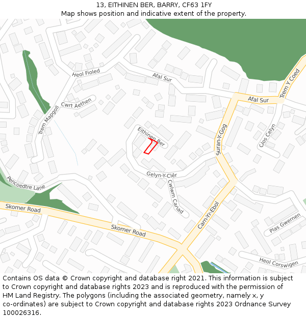13, EITHINEN BER, BARRY, CF63 1FY: Location map and indicative extent of plot