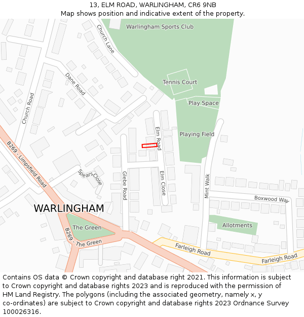 13, ELM ROAD, WARLINGHAM, CR6 9NB: Location map and indicative extent of plot