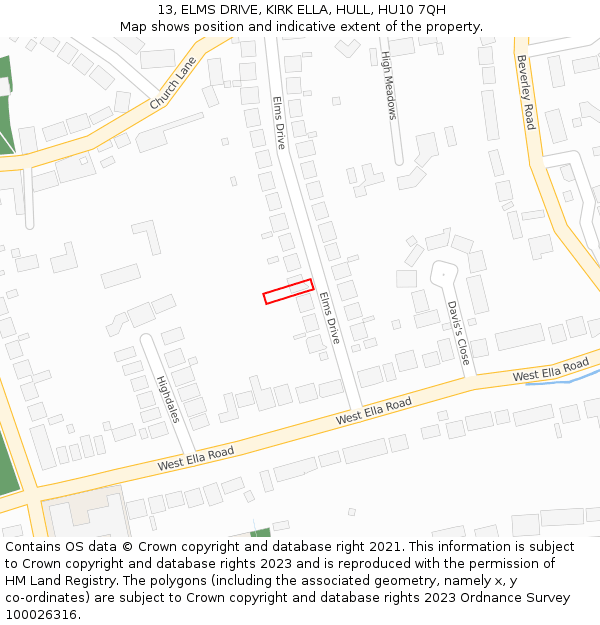 13, ELMS DRIVE, KIRK ELLA, HULL, HU10 7QH: Location map and indicative extent of plot