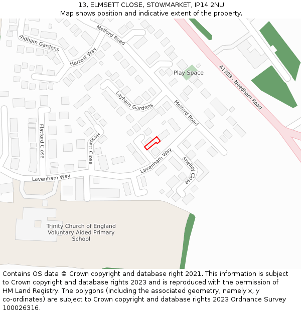 13, ELMSETT CLOSE, STOWMARKET, IP14 2NU: Location map and indicative extent of plot