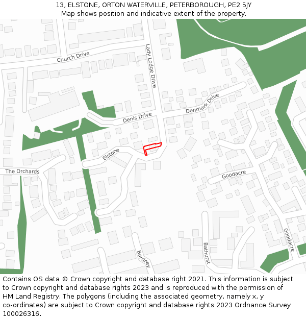 13, ELSTONE, ORTON WATERVILLE, PETERBOROUGH, PE2 5JY: Location map and indicative extent of plot