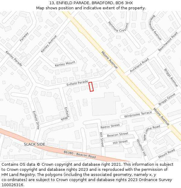 13, ENFIELD PARADE, BRADFORD, BD6 3HX: Location map and indicative extent of plot