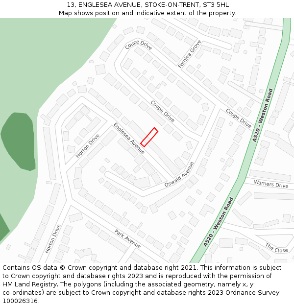 13, ENGLESEA AVENUE, STOKE-ON-TRENT, ST3 5HL: Location map and indicative extent of plot