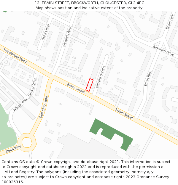 13, ERMIN STREET, BROCKWORTH, GLOUCESTER, GL3 4EG: Location map and indicative extent of plot