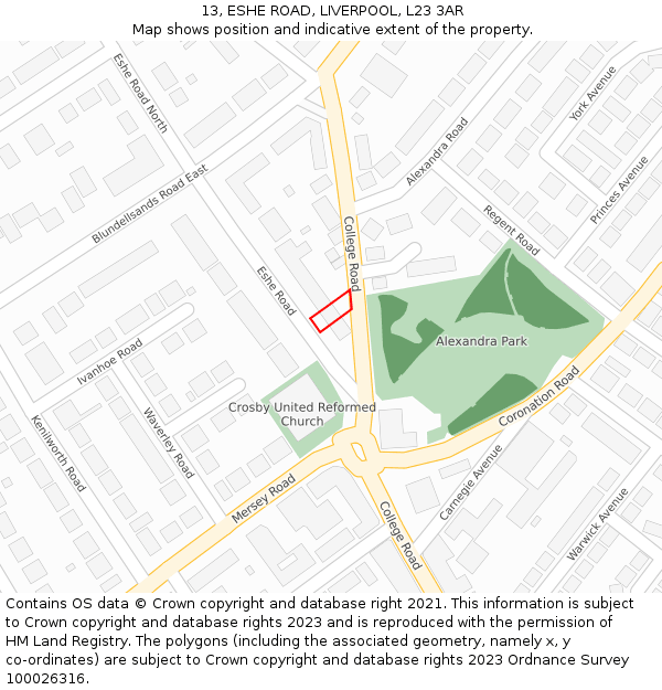 13, ESHE ROAD, LIVERPOOL, L23 3AR: Location map and indicative extent of plot