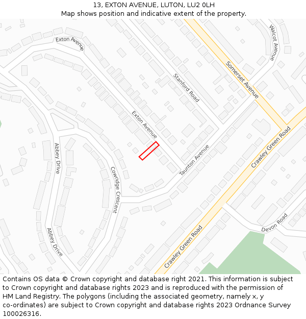 13, EXTON AVENUE, LUTON, LU2 0LH: Location map and indicative extent of plot