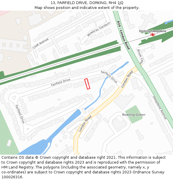 13, FAIRFIELD DRIVE, DORKING, RH4 1JQ: Location map and indicative extent of plot